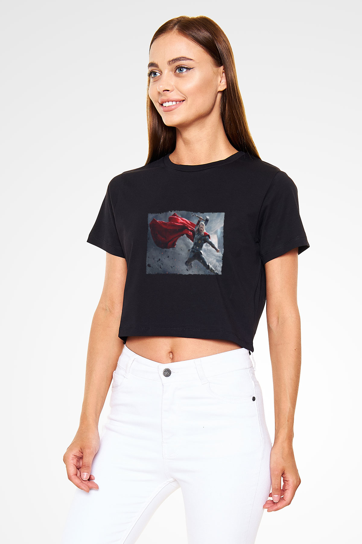 Unisex Thor The Dark World Baskılı Siyah Crop Top Tshirt