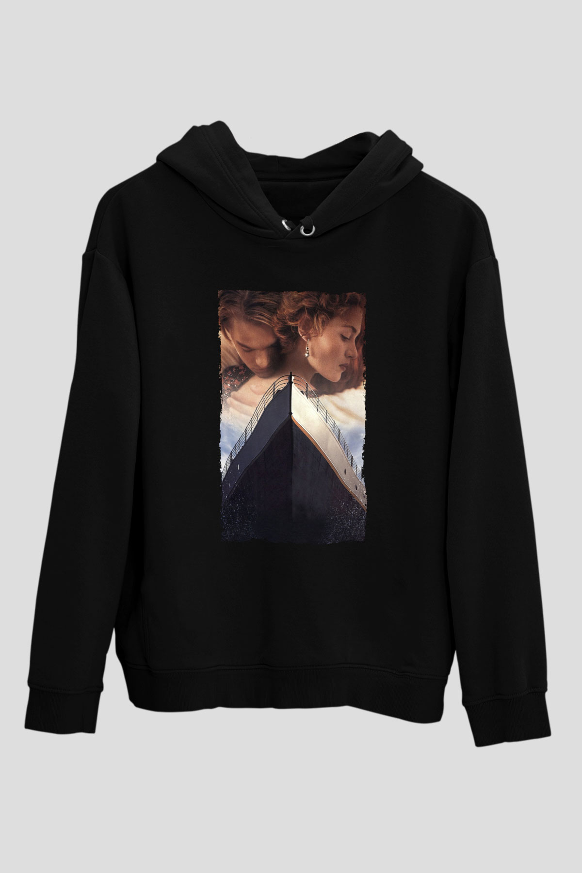 Unisex Titanic Baskılı Siyah Kapüşonlu Sweatshirt