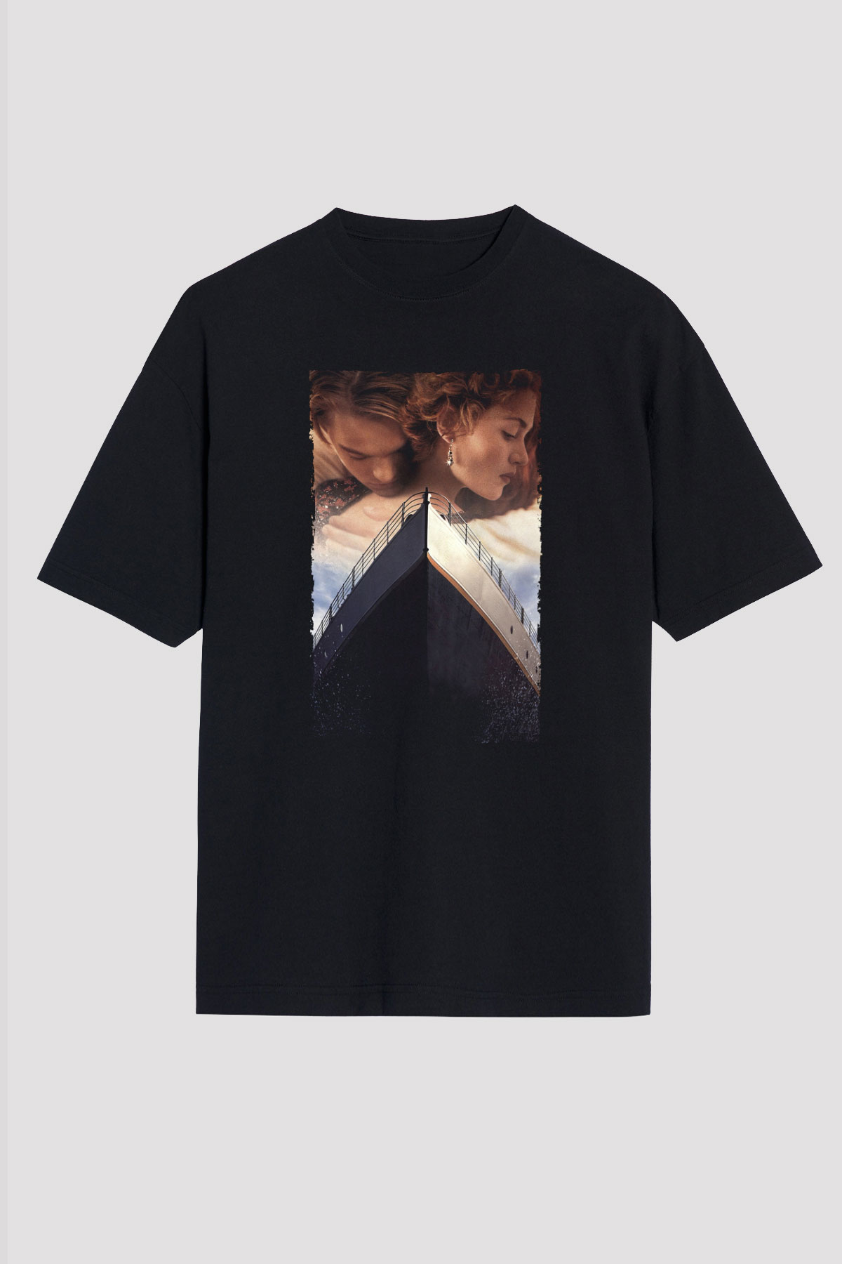 Unisex Titanic Baskılı Siyah Oversize Tshirt