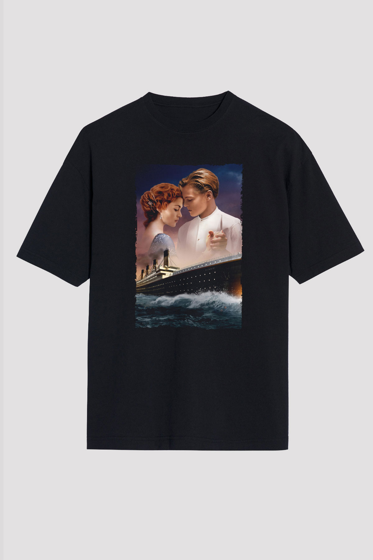 Unisex Titanic Baskılı Siyah Oversize T-shirt
