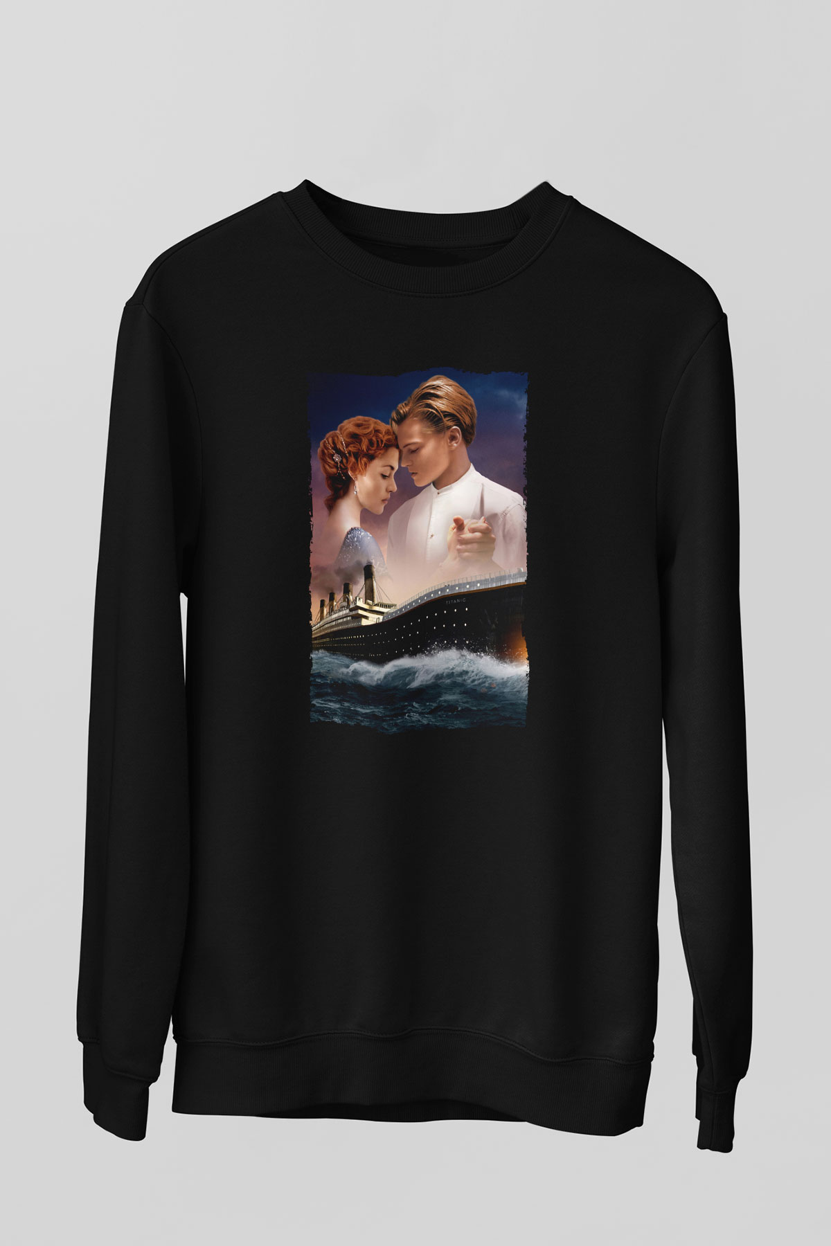 Unisex Titanic Baskılı Siyah Sweatshirt