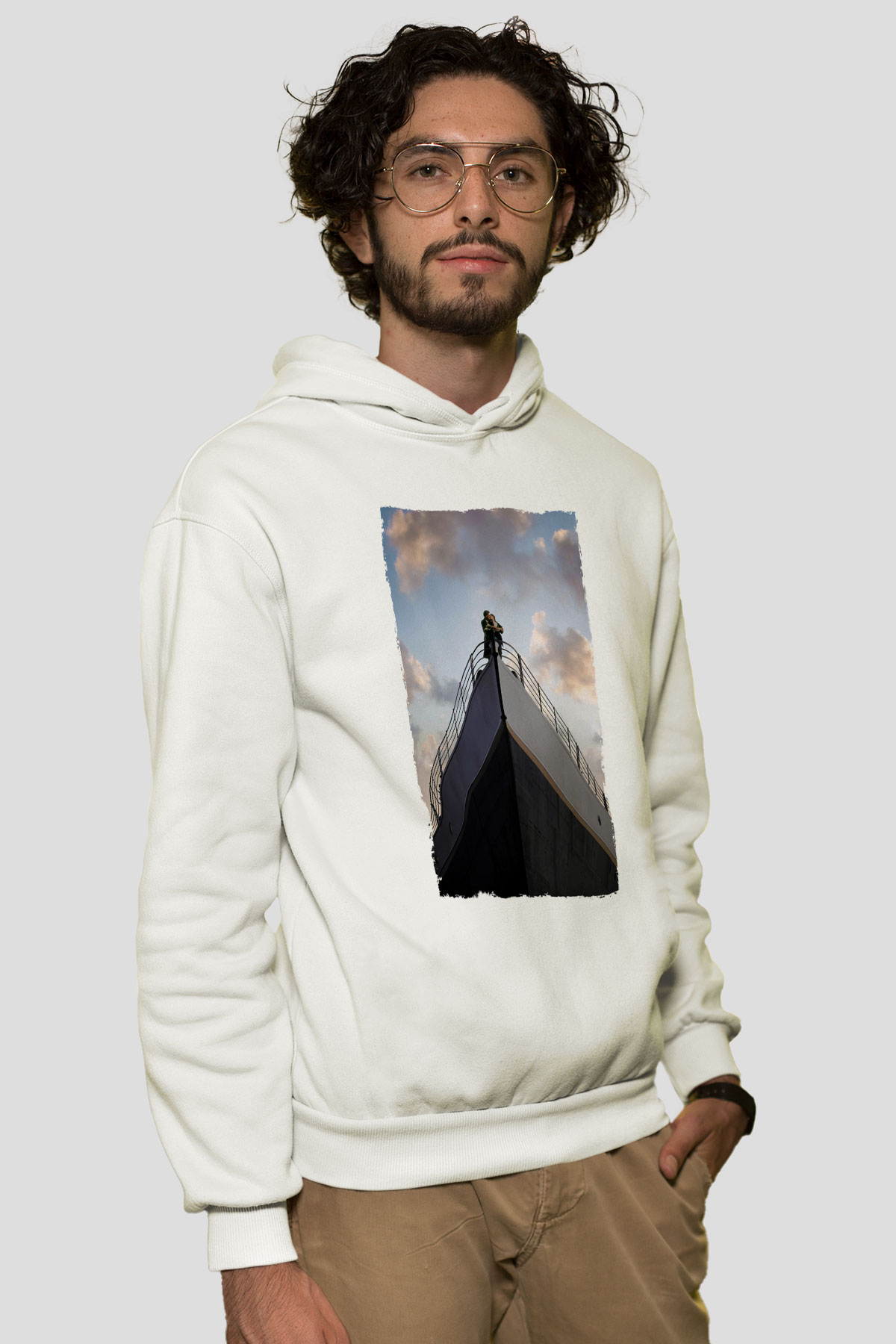 Unisex Titanik Baskılı Beyaz Kapüşonlu Sweatshirt