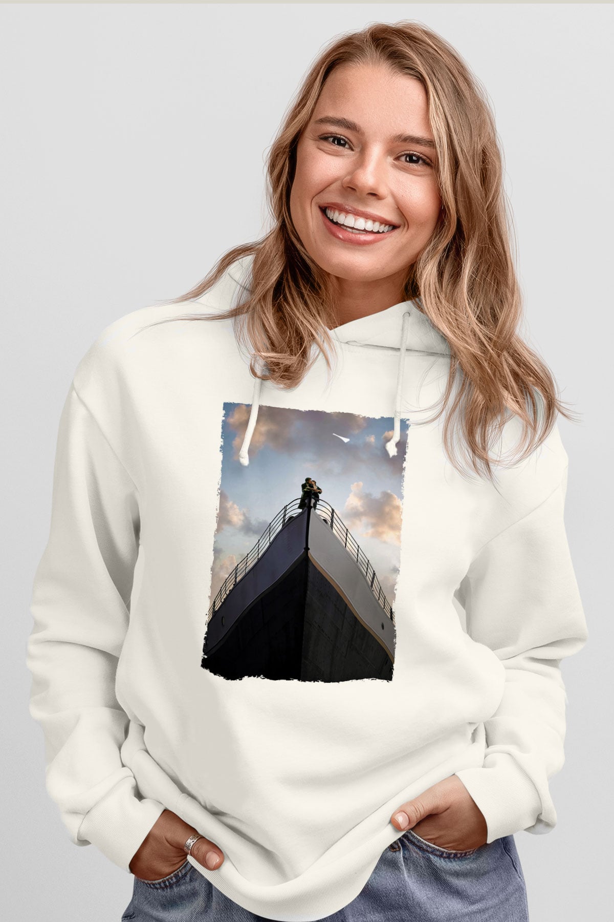Unisex Titanik Baskılı Beyaz Kapüşonlu Sweatshirt
