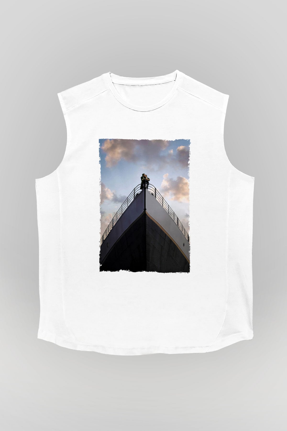 Unisex Titanik Baskılı Beyaz Kolsuz T-shirt