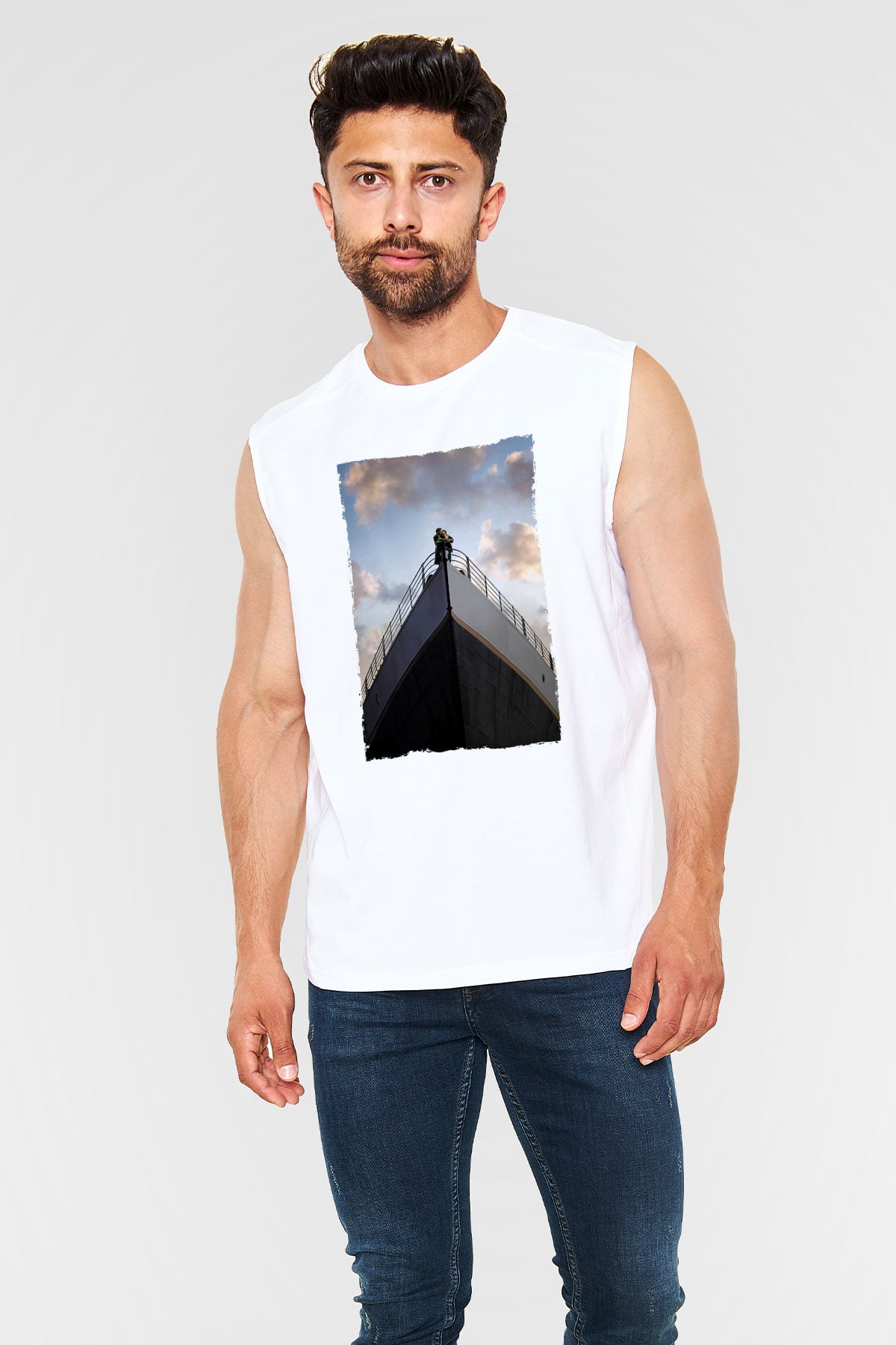 Unisex Titanik Baskılı Beyaz Kolsuz T-shirt