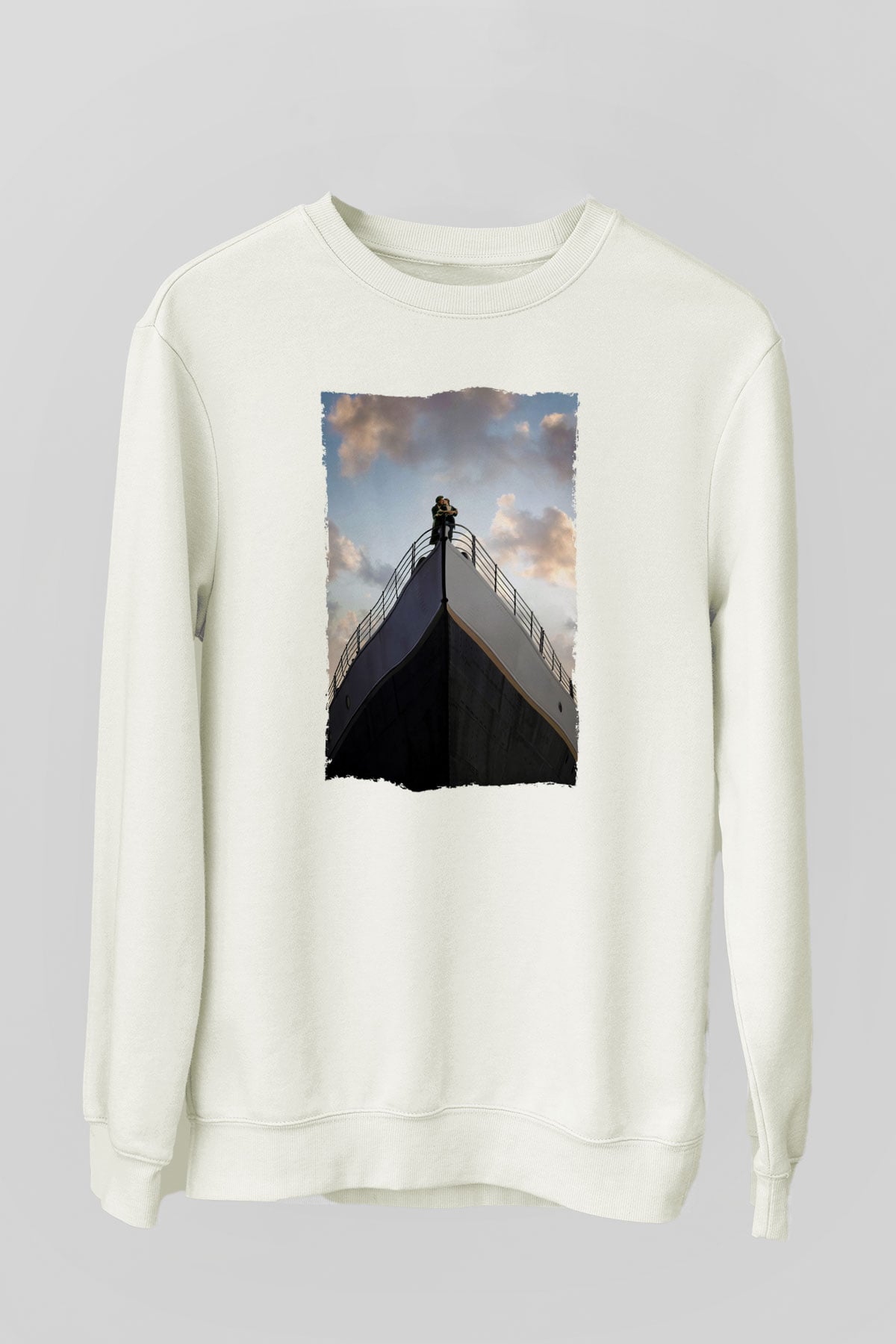 Unisex Titanik Baskılı Beyaz Sweatshirt