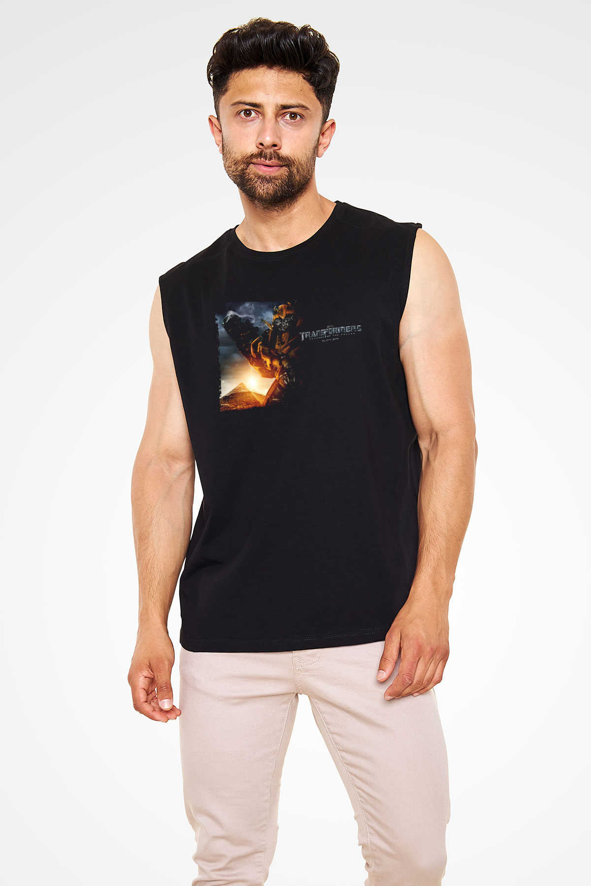 Unisex Transformers 2 Baskılı Siyah Kolsuz Tshirt