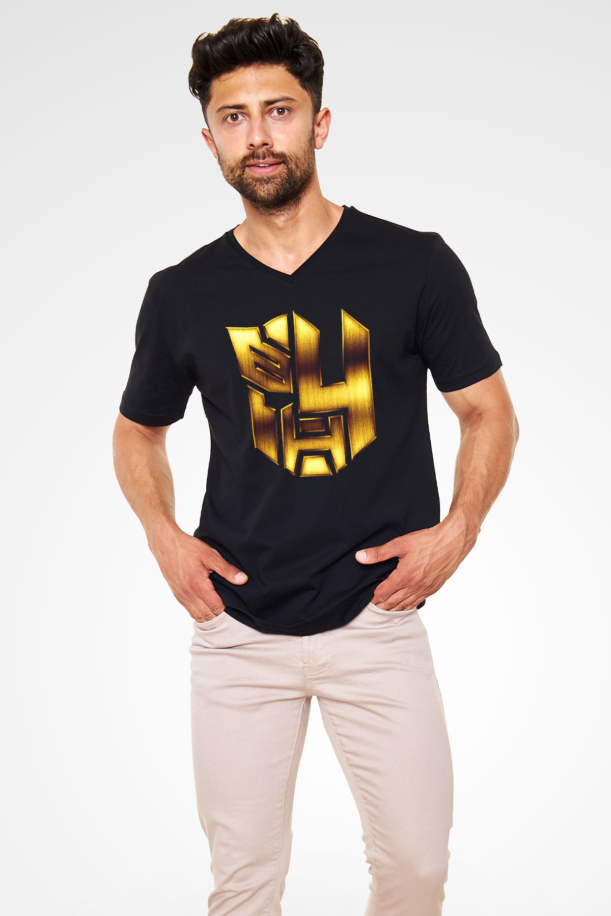 Unisex Transformers 4 Baskılı Siyah V Yaka Tişört