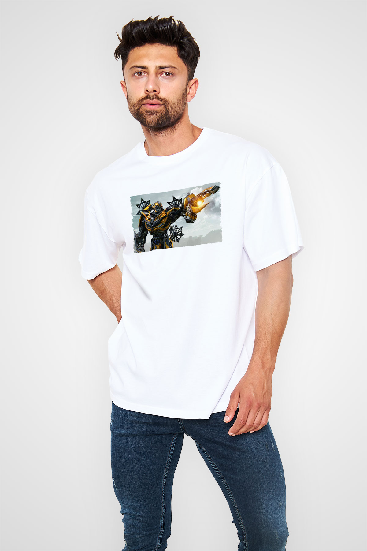 Unisex Transformers Baskılı Beyaz Oversize Oversize T-shirt