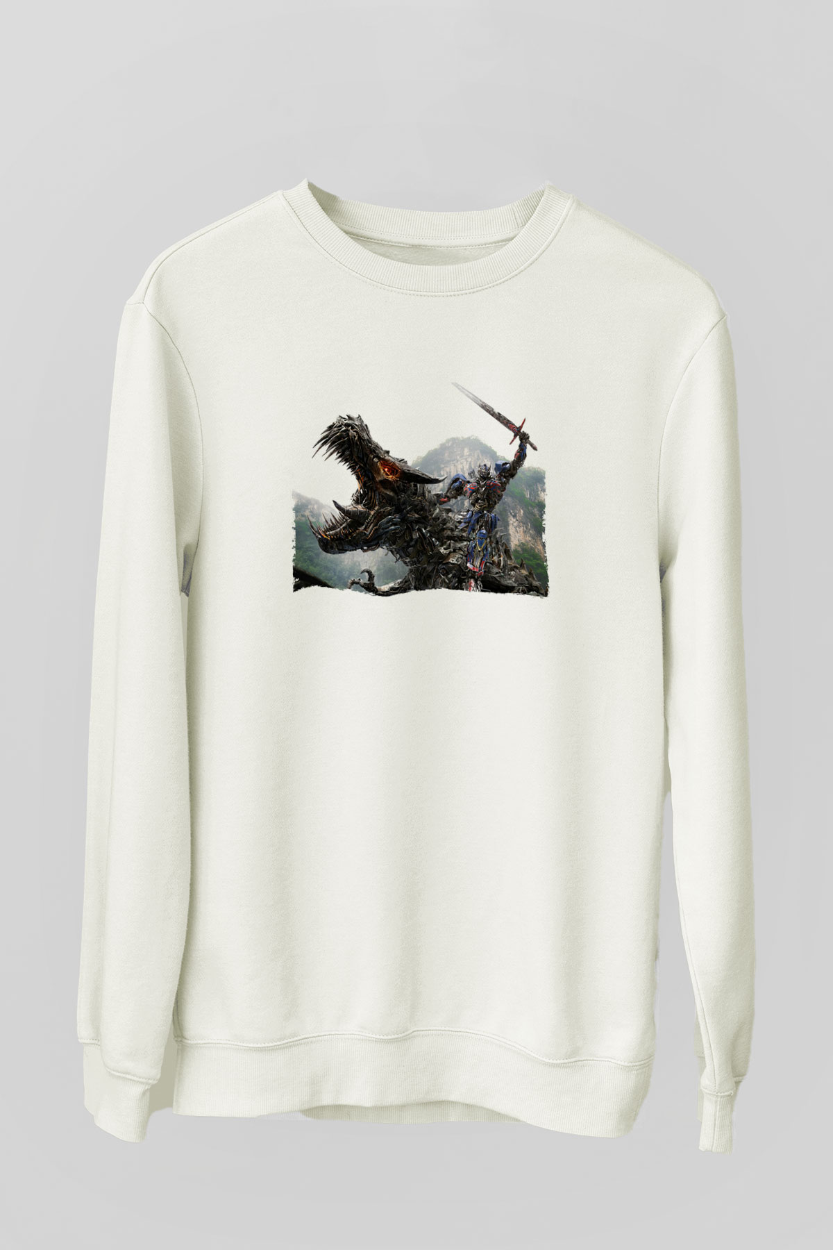 Unisex Transformers Baskılı Beyaz Sweatshirt