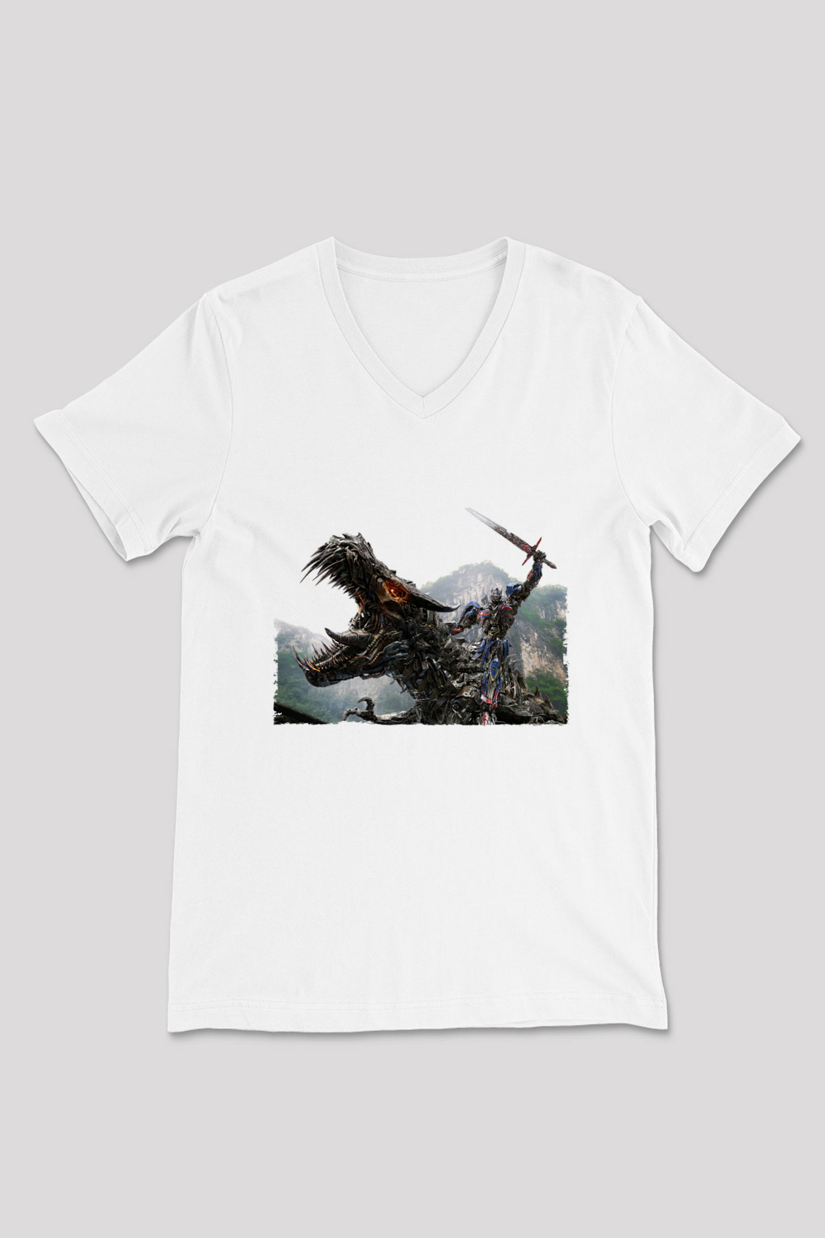 Unisex Transformers Baskılı Beyaz V Yaka T-shirt