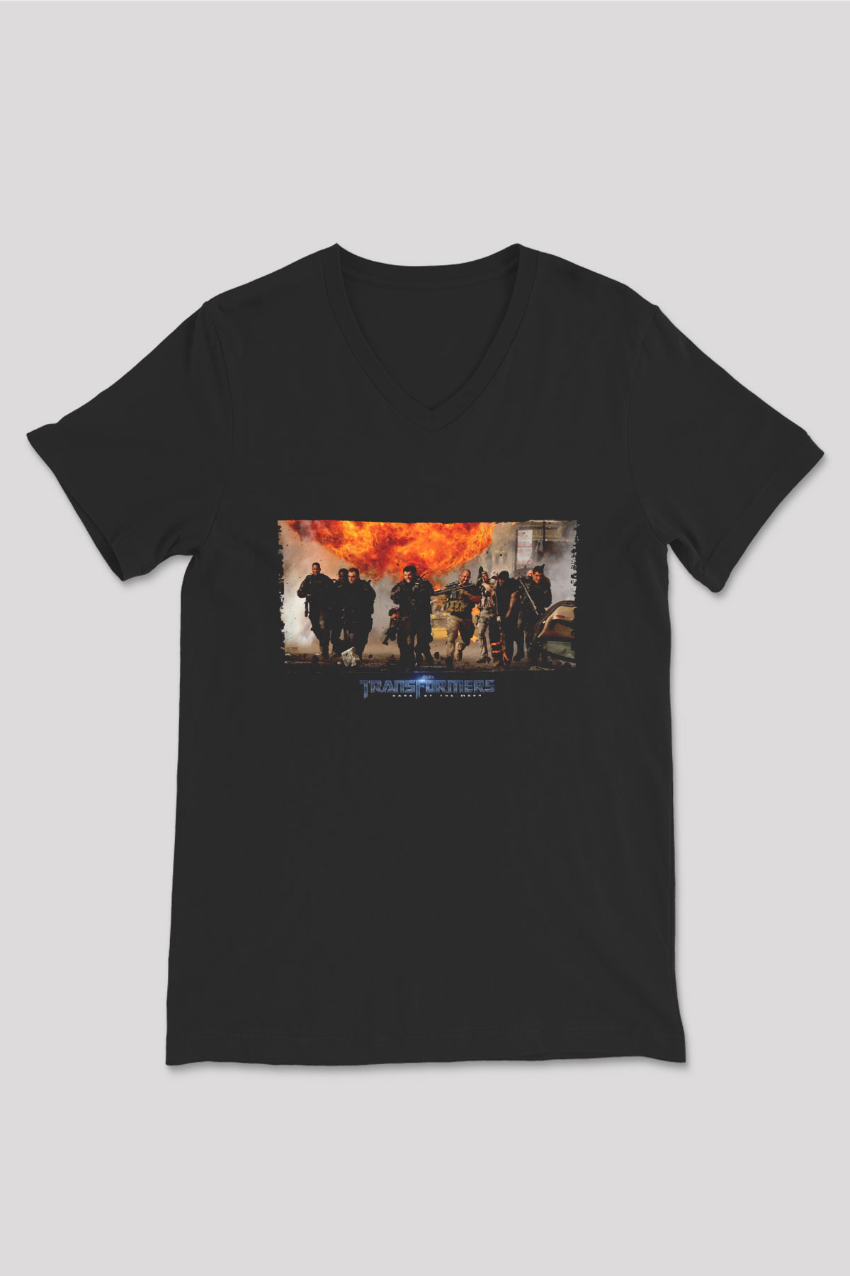 Unisex Transformers Baskılı Siyah V Yaka T-shirt