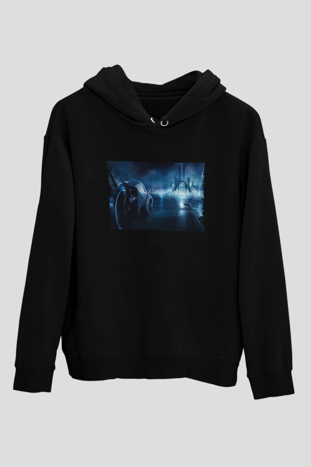 Unisex Tron Baskılı Siyah Kapüşonlu Sweatshirt