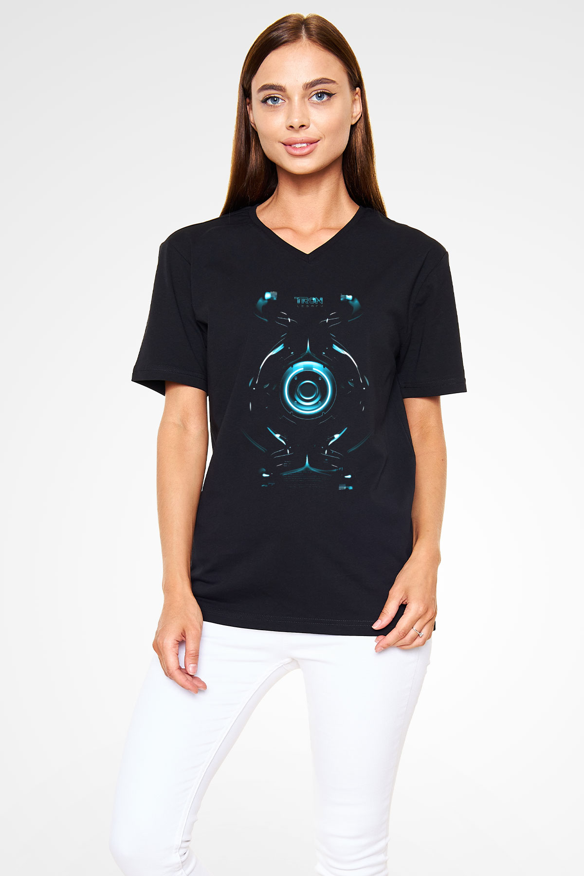 Unisex Tron Baskılı Siyah V Yaka Tişört