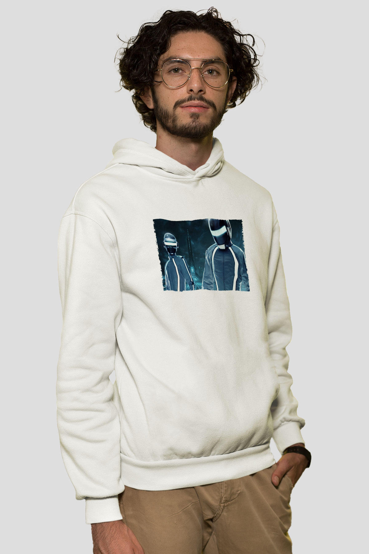 Unisex Tron Legacy Baskılı Beyaz Kapüşonlu Sweatshirt