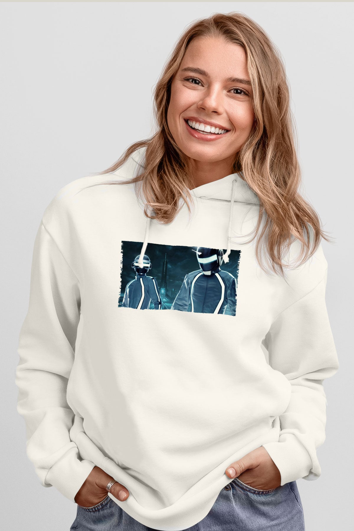 Unisex Tron Legacy Baskılı Beyaz Kapüşonlu Sweatshirt