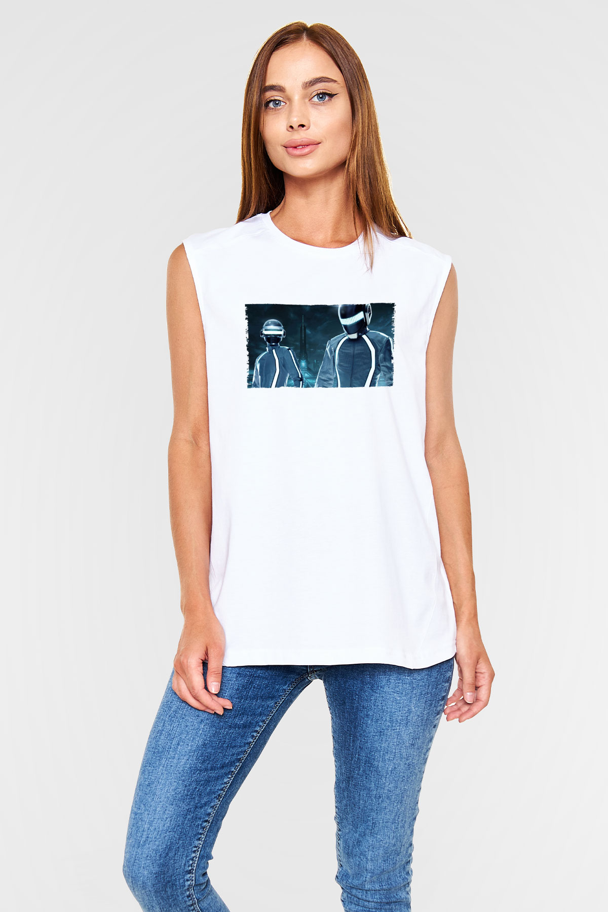 Unisex Tron Legacy Baskılı Beyaz Kolsuz Tshirt