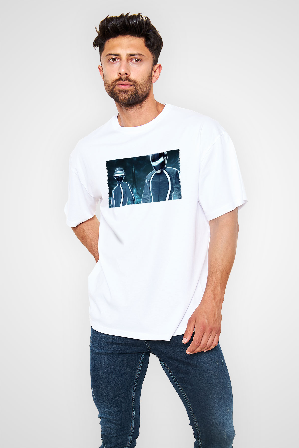 Unisex Tron Legacy Baskılı Beyaz Oversize Oversize T-shirt