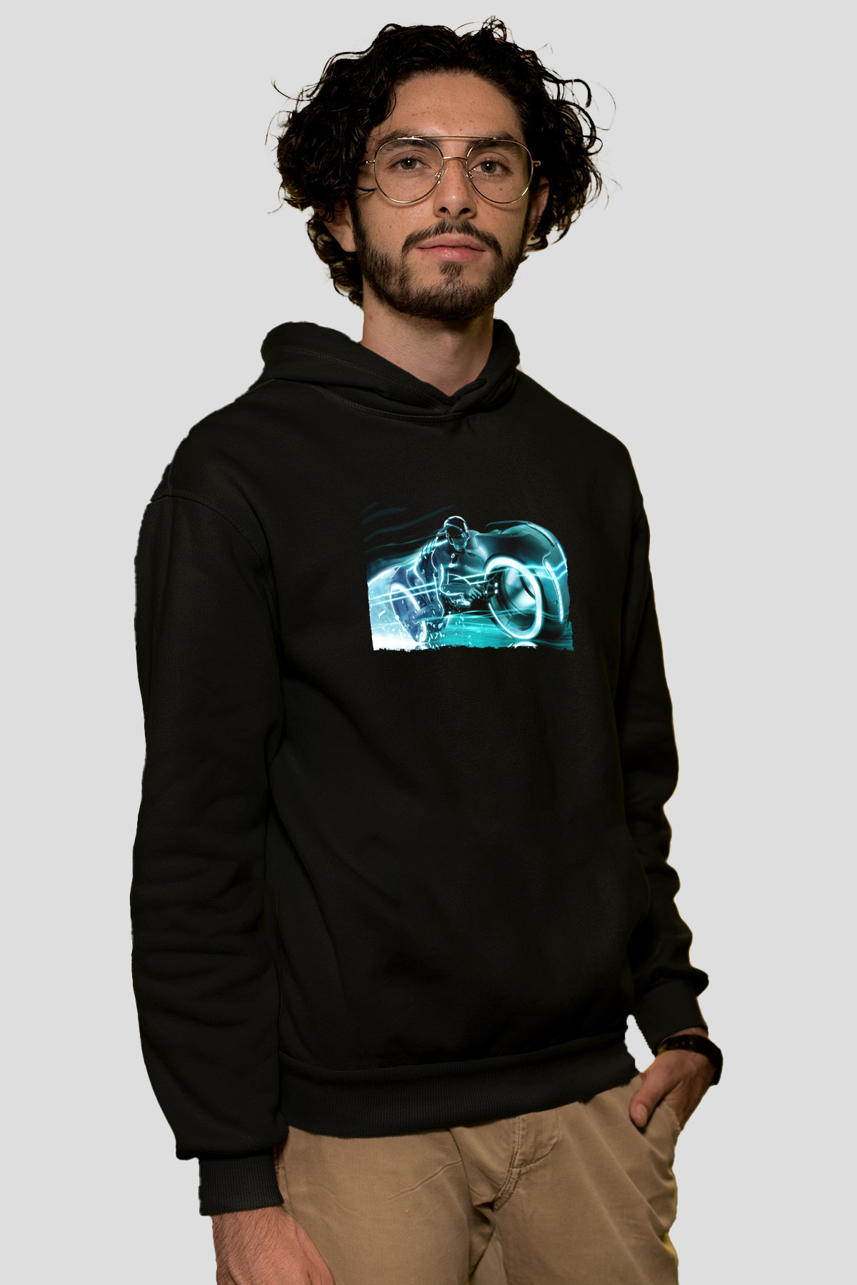 Unisex TRON Legacy Baskılı Siyah Kapüşonlu Sweatshirt