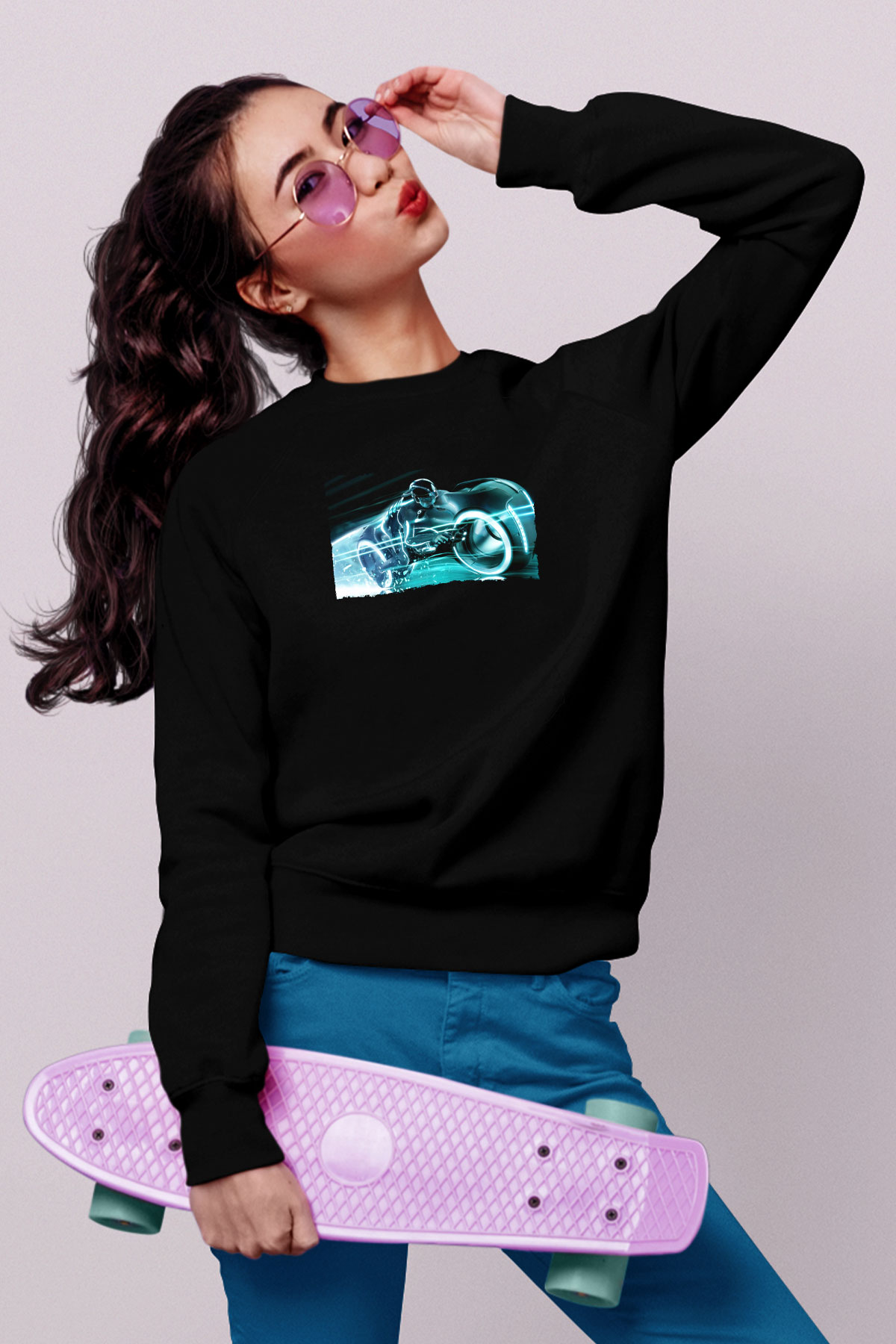 Unisex TRON Legacy Baskılı Siyah Sweatshirt