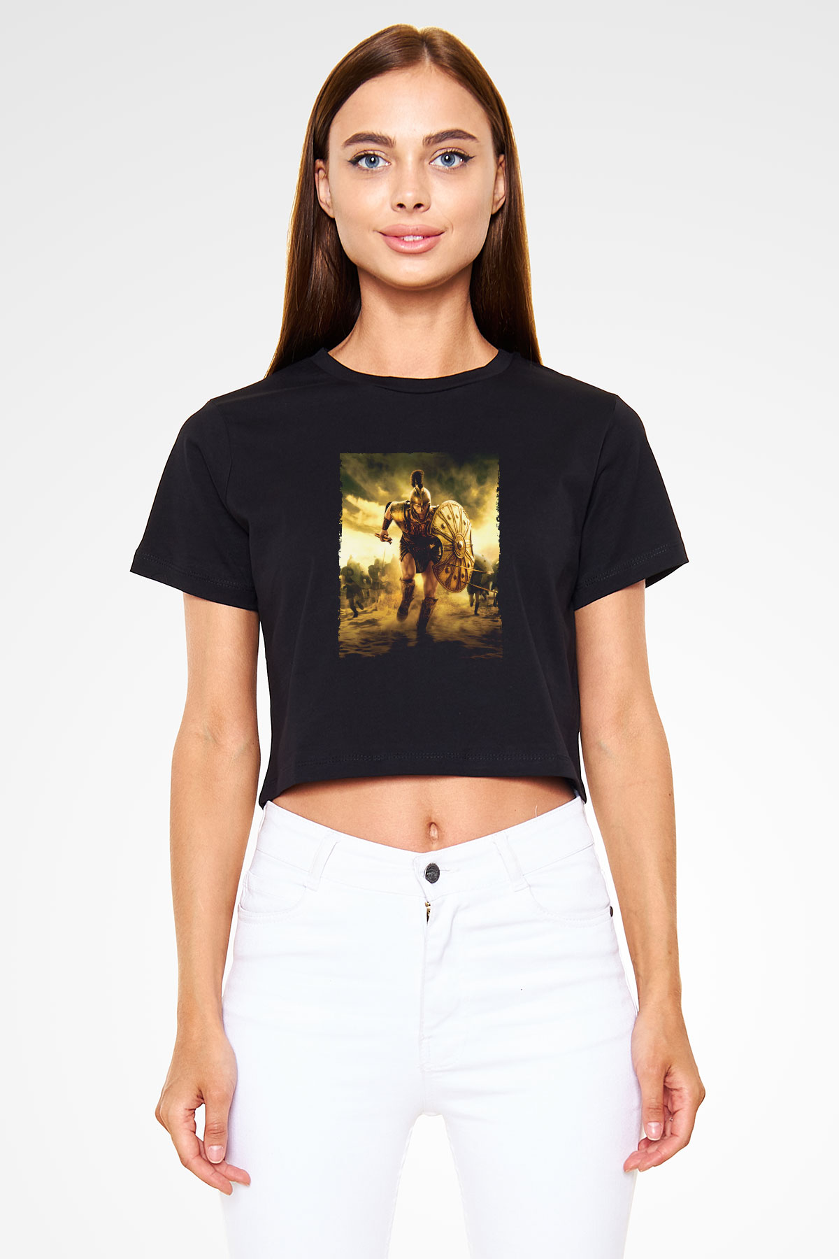 Unisex Truva (Troy) Baskılı Siyah Crop Top Tshirt