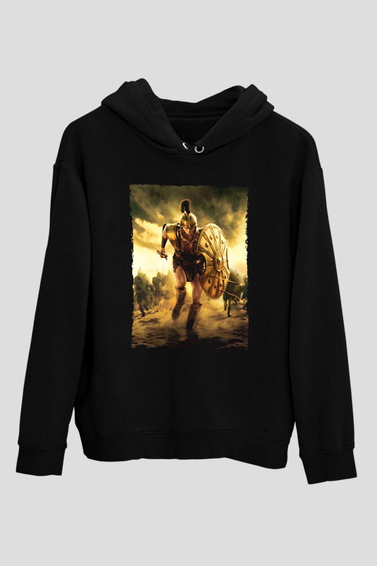 Unisex Truva (Troy) Baskılı Siyah Kapüşonlu Sweatshirt