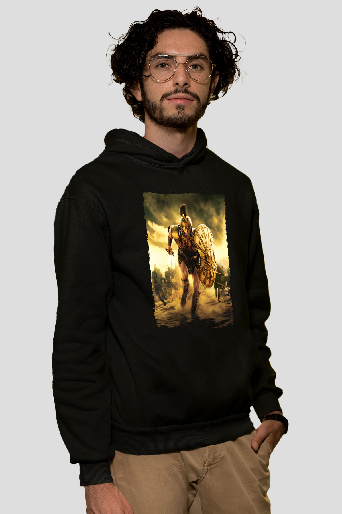 Unisex Truva (Troy) Baskılı Siyah Kapüşonlu Sweatshirt