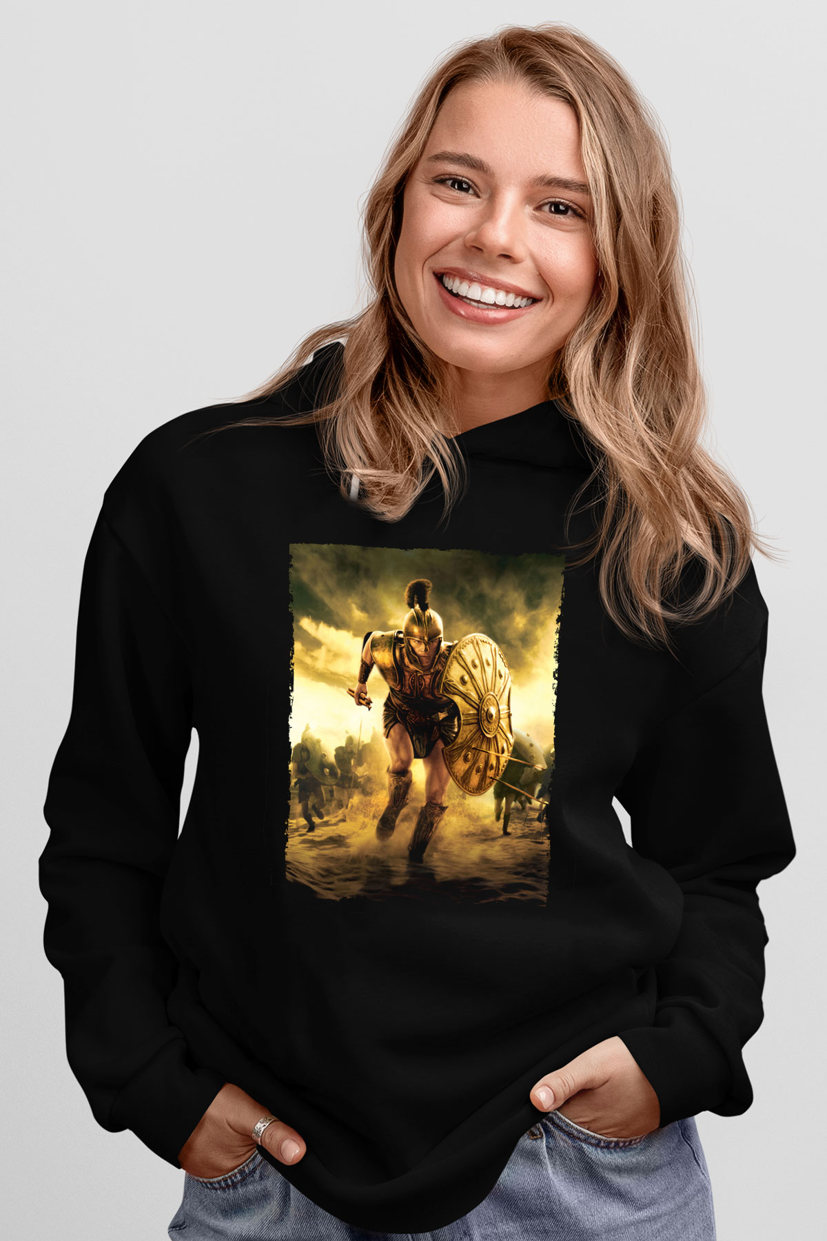 Unisex Truva (Troy) Baskılı Siyah Kapüşonlu Sweatshirt