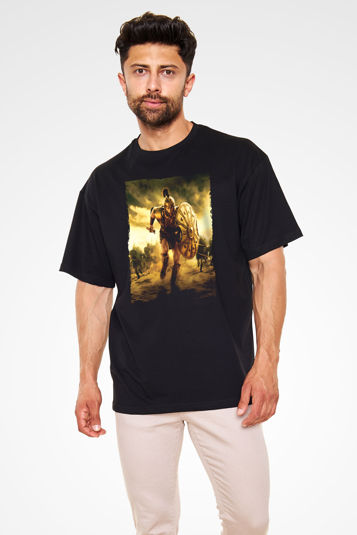 Unisex Truva (Troy) Baskılı Siyah Oversize Tshirt
