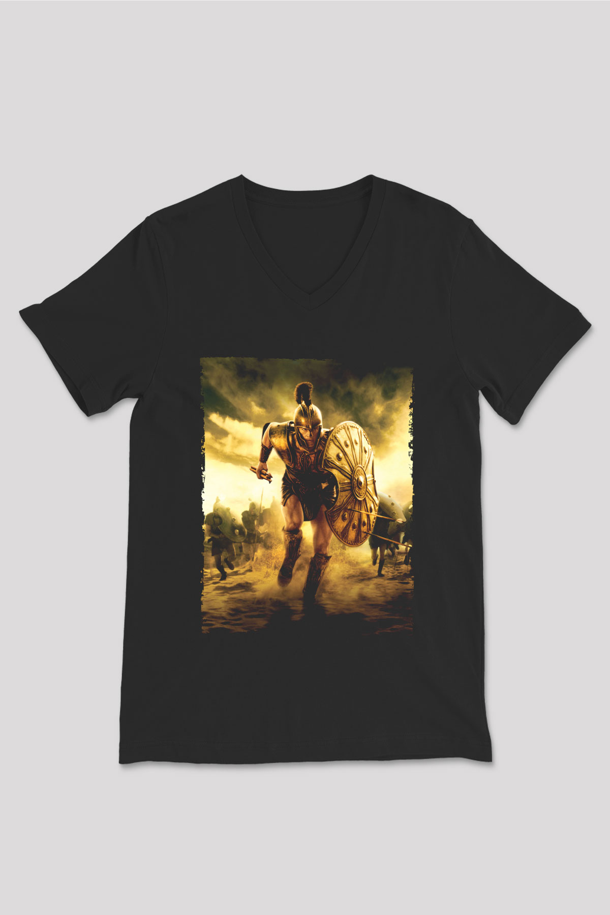 Unisex Truva (Troy) Baskılı Siyah V Yaka Tshirt