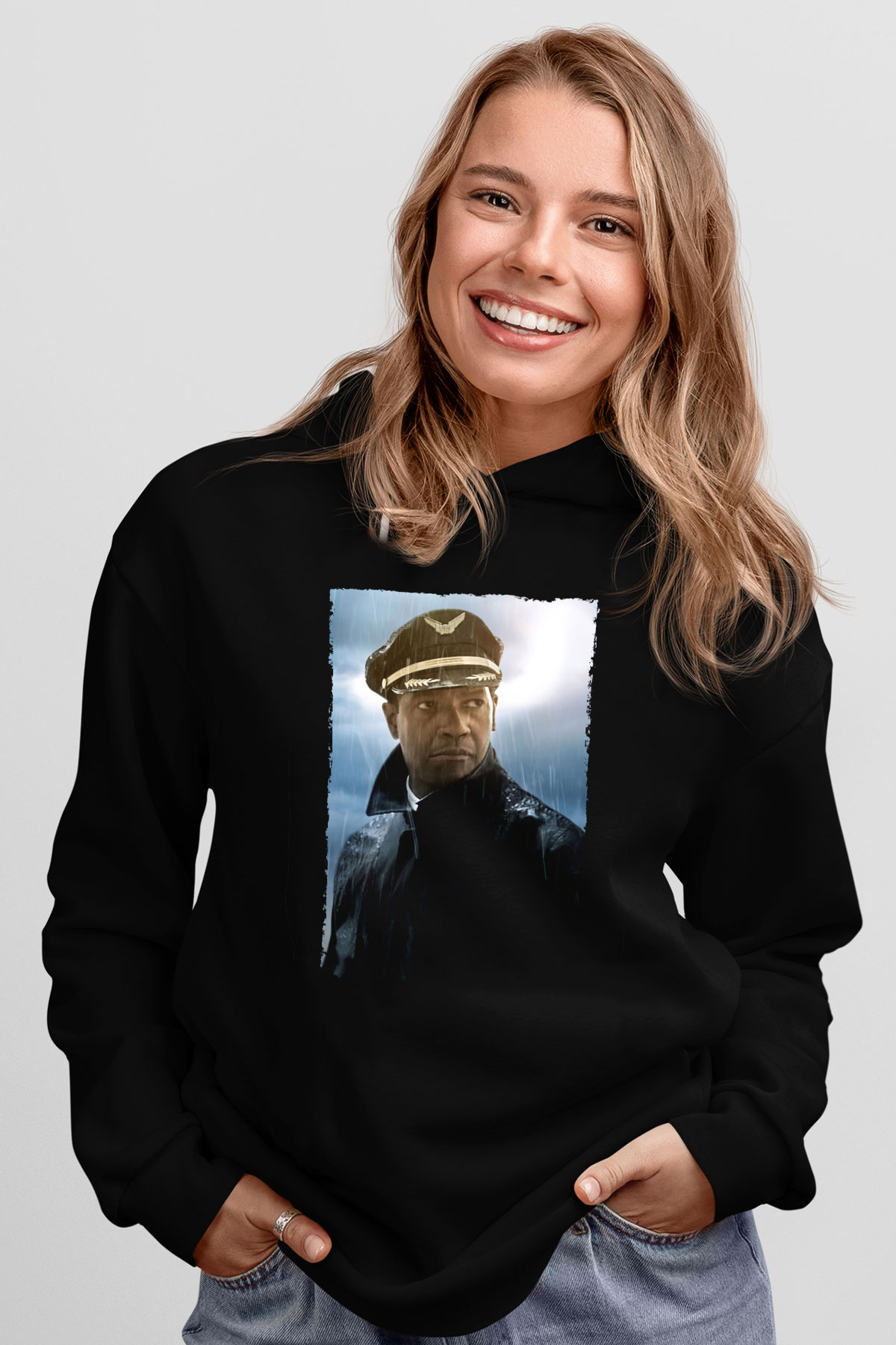 Unisex Uçuş (Flight) Baskılı Siyah Kapüşonlu Sweatshirt