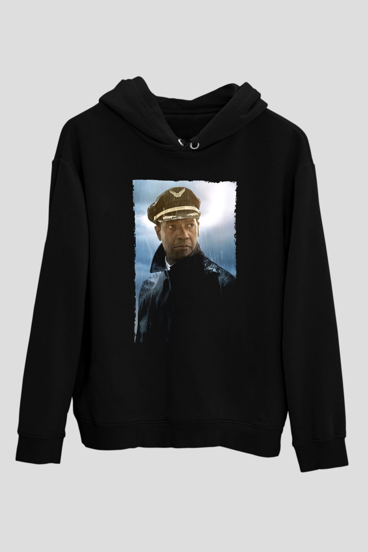 Unisex Uçuş (Flight) Baskılı Siyah Kapüşonlu Sweatshirt