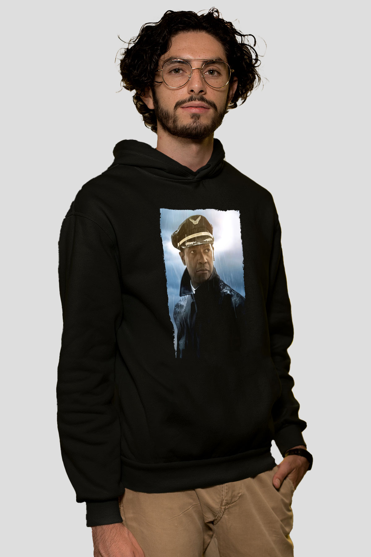 Unisex Uçuş (Flight) Baskılı Siyah Kapüşonlu Sweatshirt