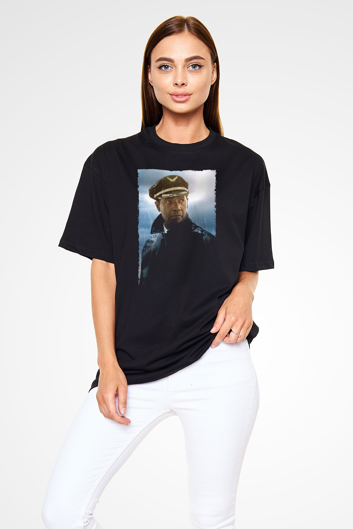 Unisex Uçuş (Flight) Baskılı Siyah Oversize T-shirt
