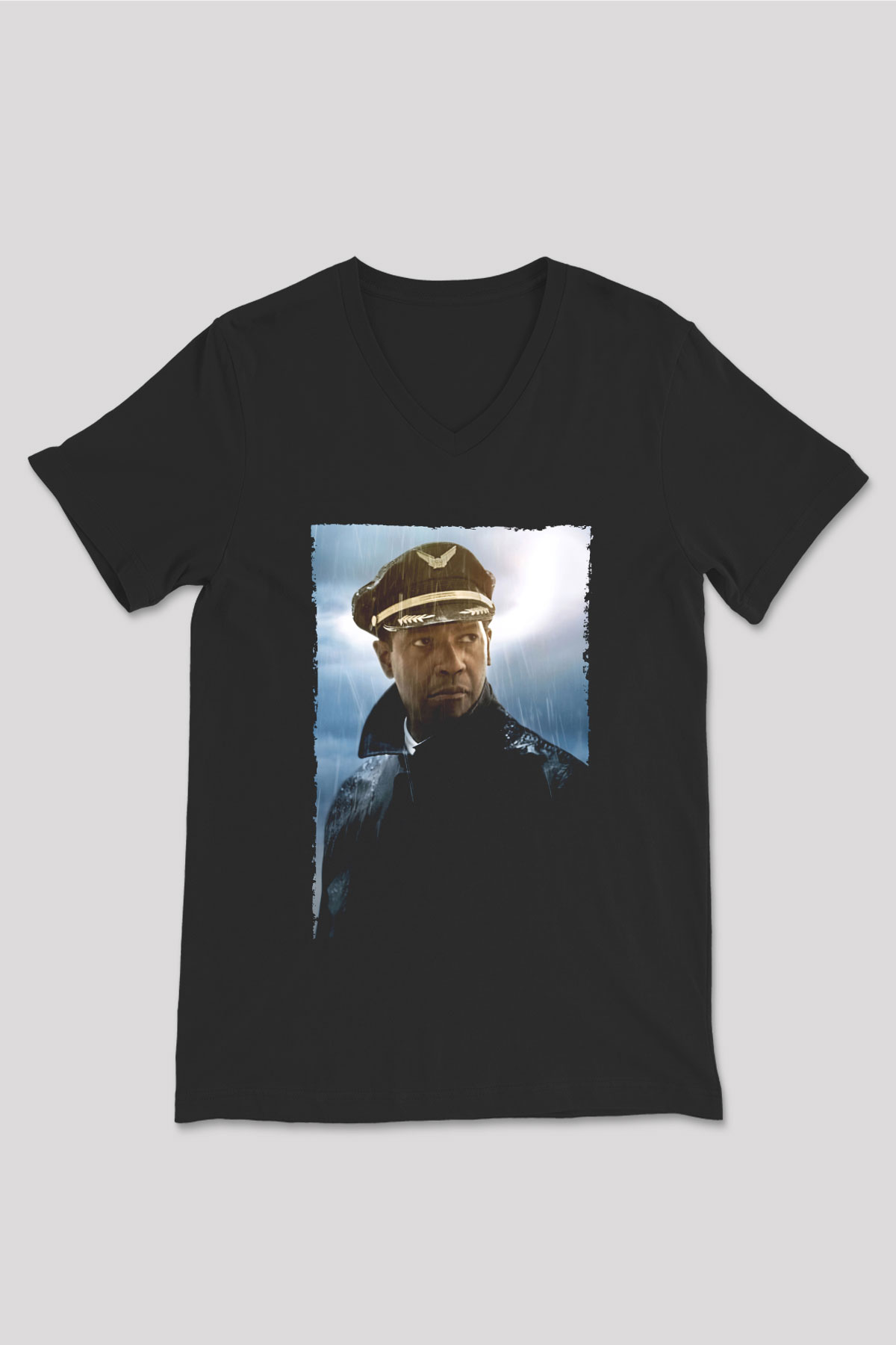 Unisex Uçuş (Flight) Baskılı Siyah V Yaka T-shirt
