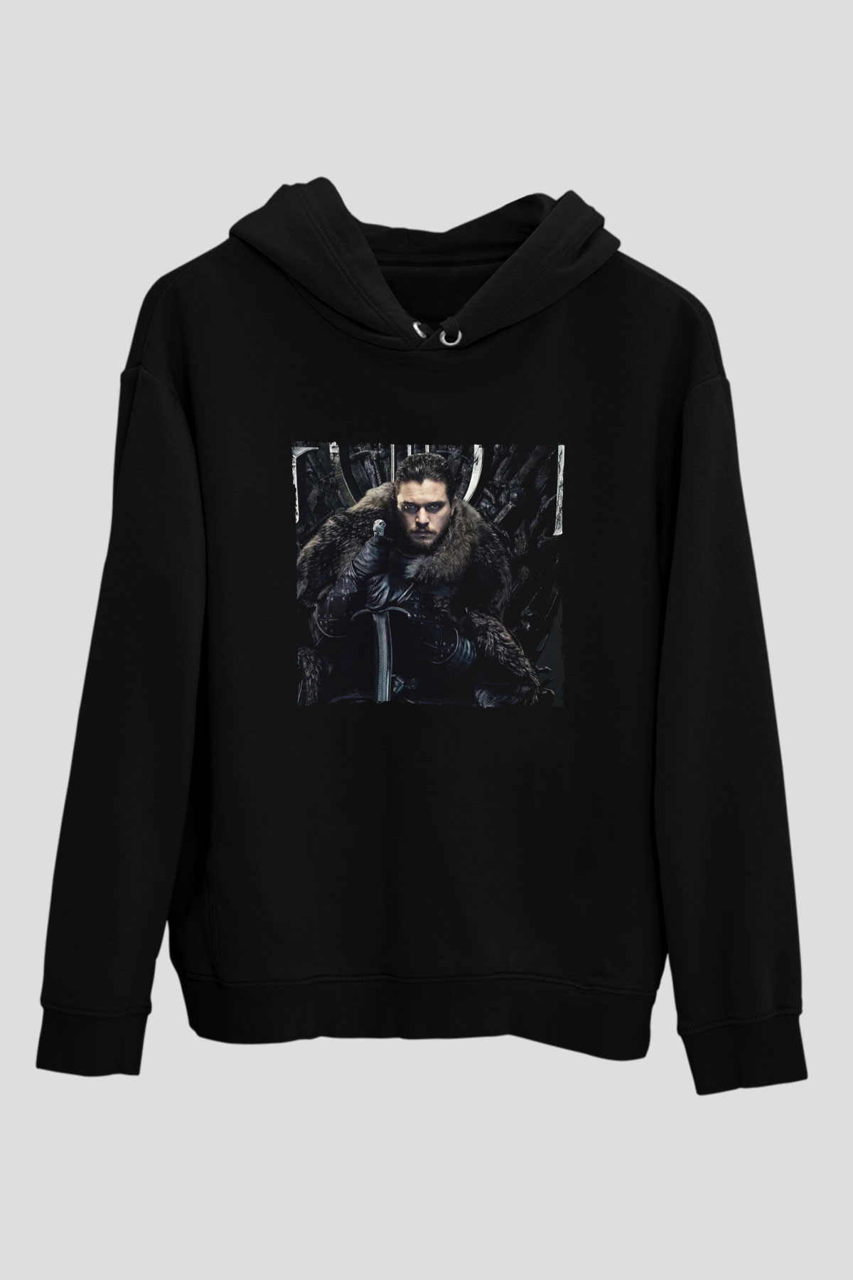 Unisex Unisex Game of Thrones Baskılı Siyah Kapüşonlu Sweatshirt