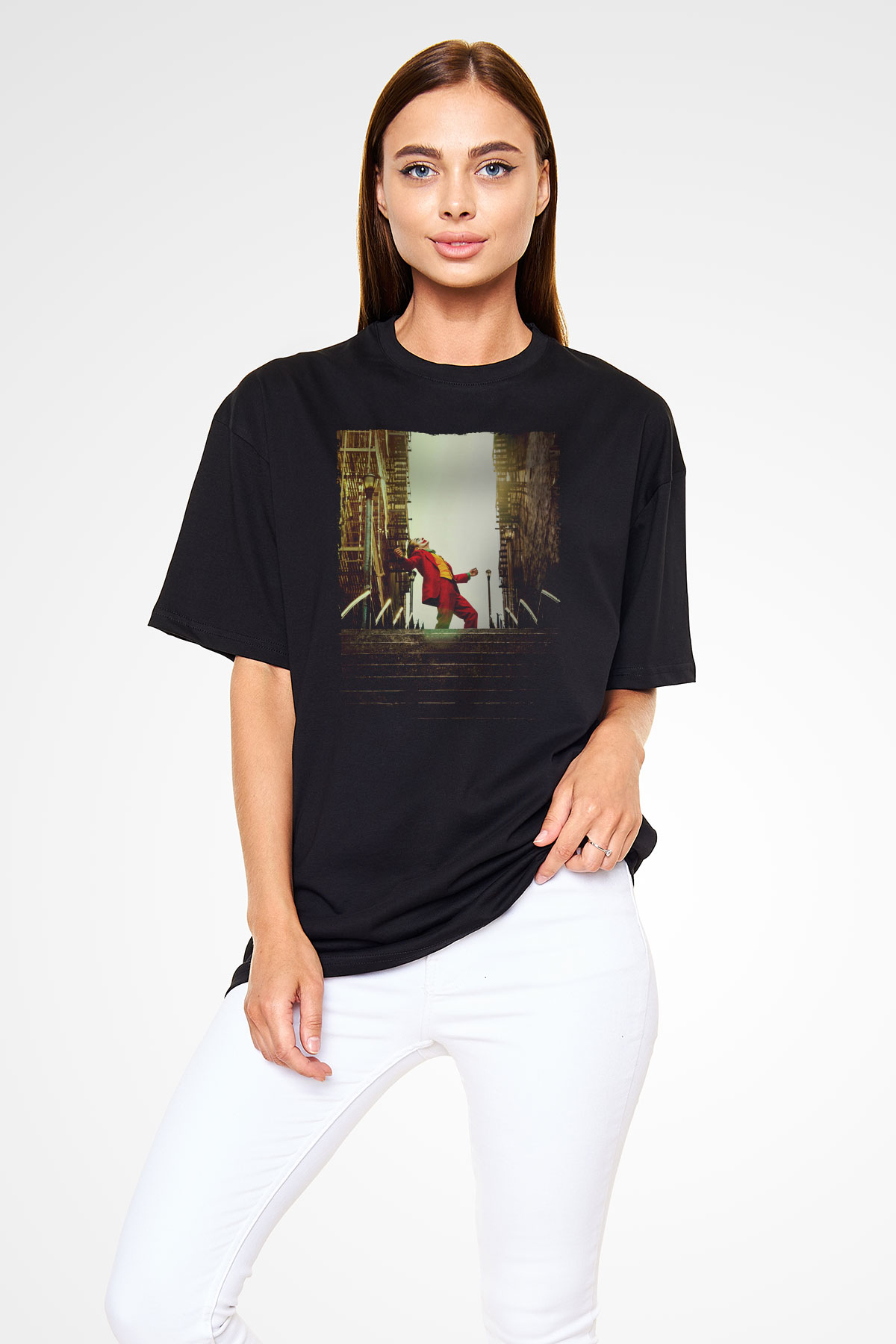 Unisex Unisex Joker Baskılı Siyah Oversize Tişört