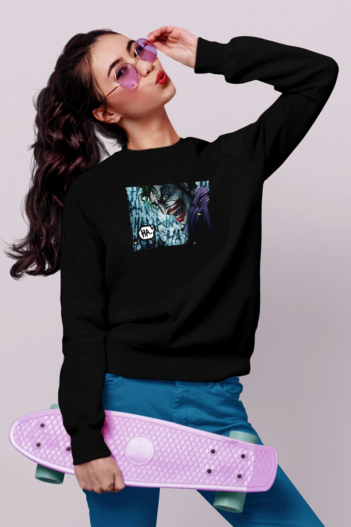 Unisex Unisex Joker Baskılı Siyah Sweatshirt