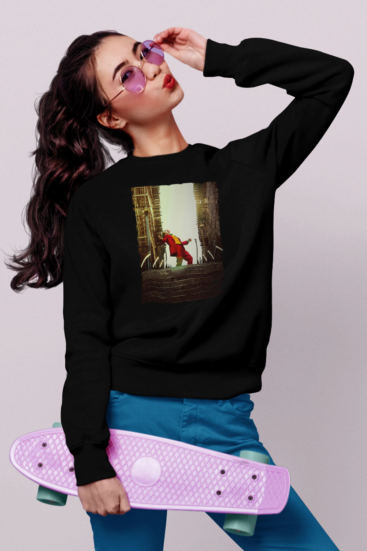 Unisex Unisex Joker Baskılı Siyah Sweatshirt