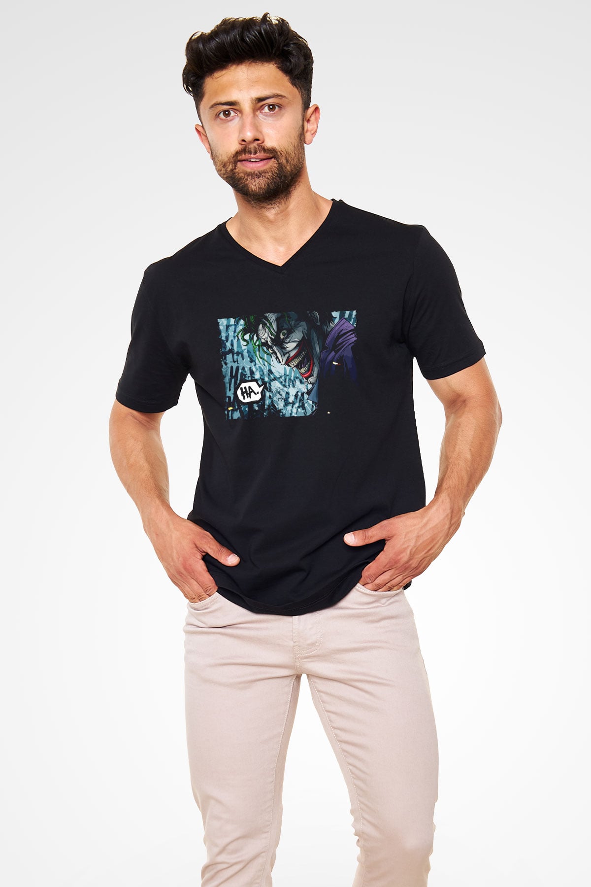 Unisex Unisex Joker Baskılı Siyah V Yaka T-shirt