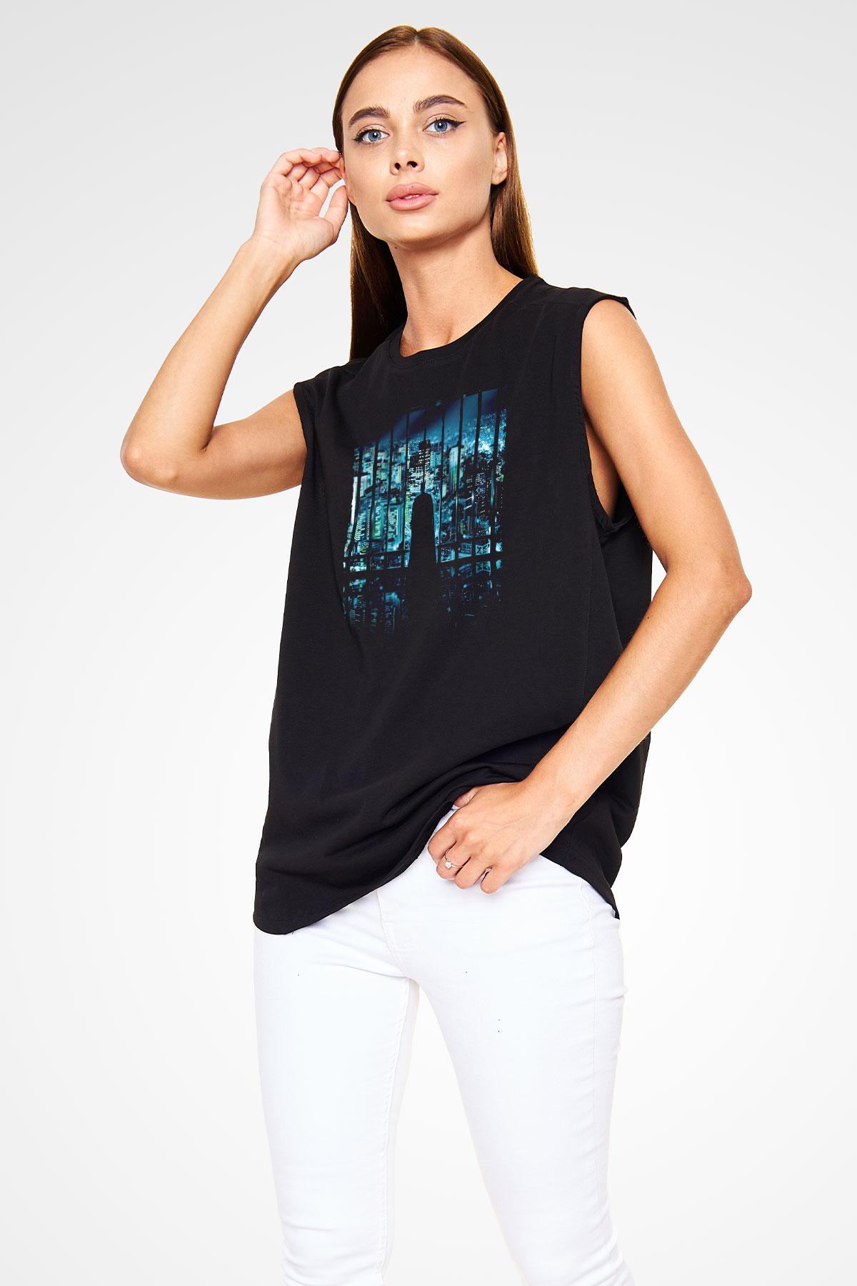 Unisex Unisex Kara Şövalye (The Dark Knight) Baskılı Siyah Kolsuz Tişört