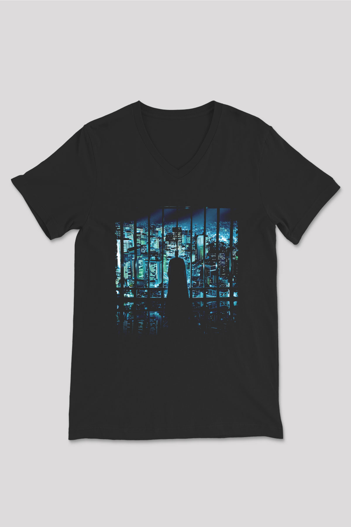 Unisex Unisex Kara Şövalye (The Dark Knight) Baskılı Siyah V Yaka Tişört