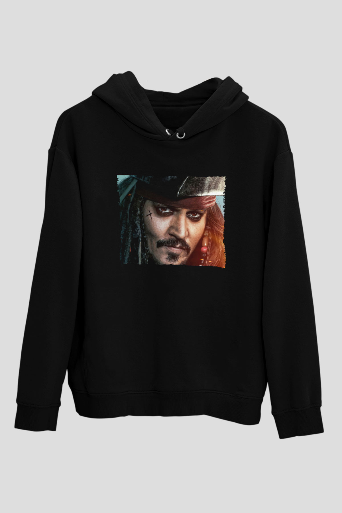 Unisex Unisex Karayip Korsanları (Pirates of the Caribbean) Baskılı Siyah Kapüşonlu Sweatshirt