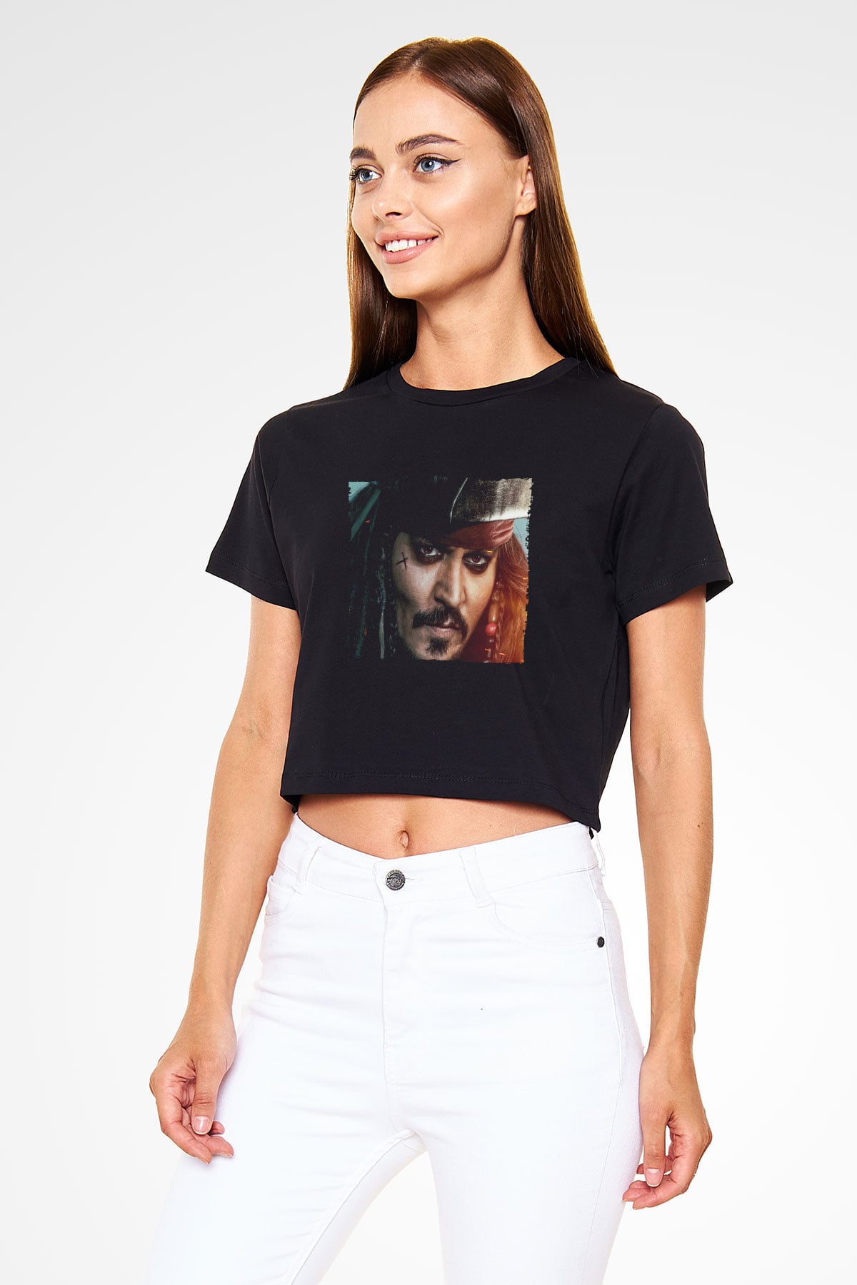 Unisex Unisex Karayip Korsanları (Pirates of the Caribbean) Baskılı Siyah Crop Top T-shirt