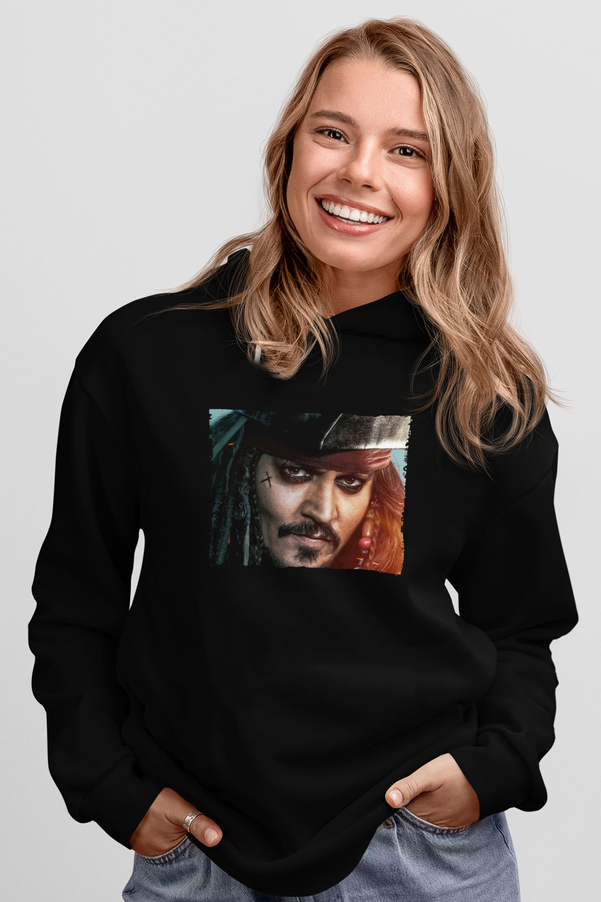Unisex Unisex Karayip Korsanları (Pirates of the Caribbean) Baskılı Siyah Kapüşonlu Sweatshirt
