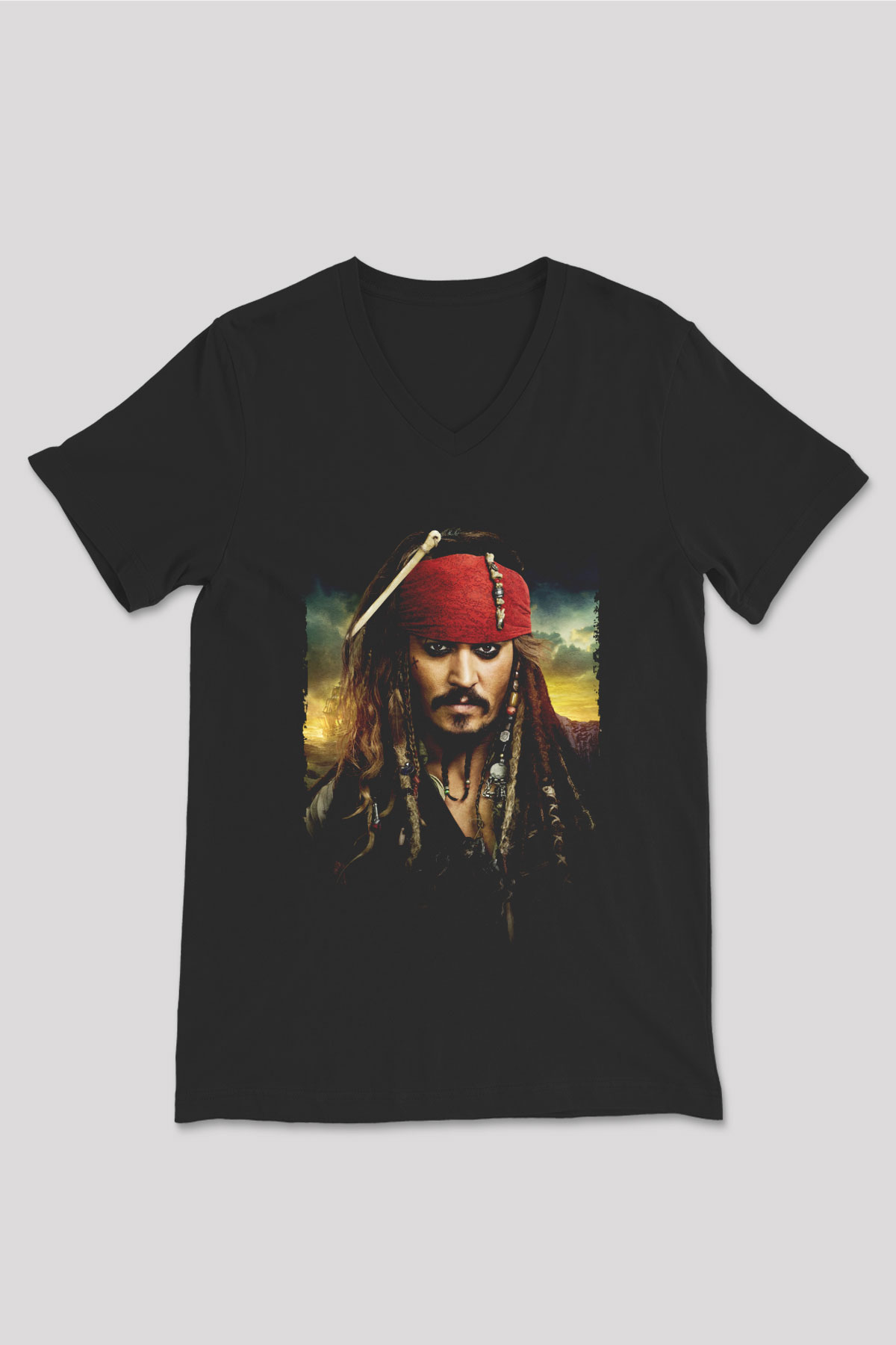 Unisex Unisex Karayip Korsanları (Pirates of the Caribbean) Baskılı Siyah V Yaka Tshirt