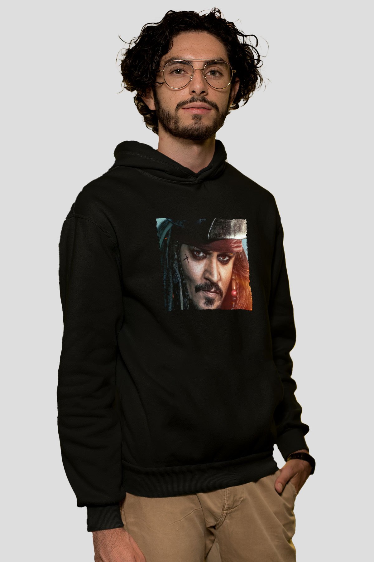 Unisex Unisex Karayip Korsanları (Pirates of the Caribbean) Baskılı Siyah Kapüşonlu Sweatshirt