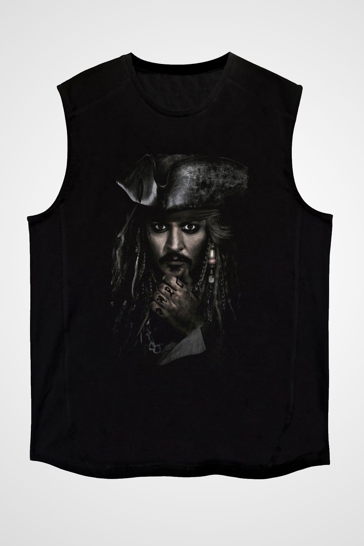 Unisex Unisex Karayip Korsanları (Pirates of the Caribbean) Baskılı Siyah Kolsuz Tişört