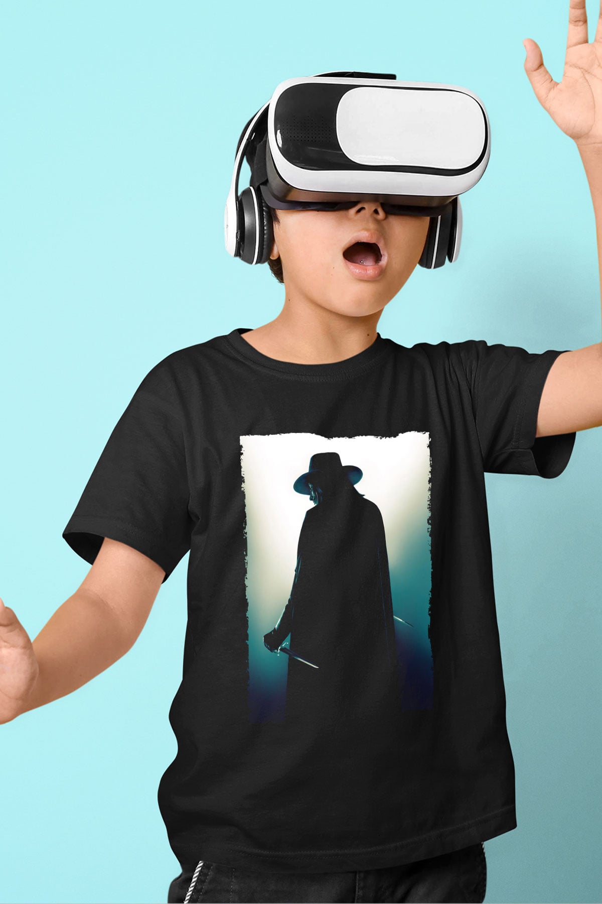 Unisex V for Vendetta Baskılı Siyah Çocuk Tişört