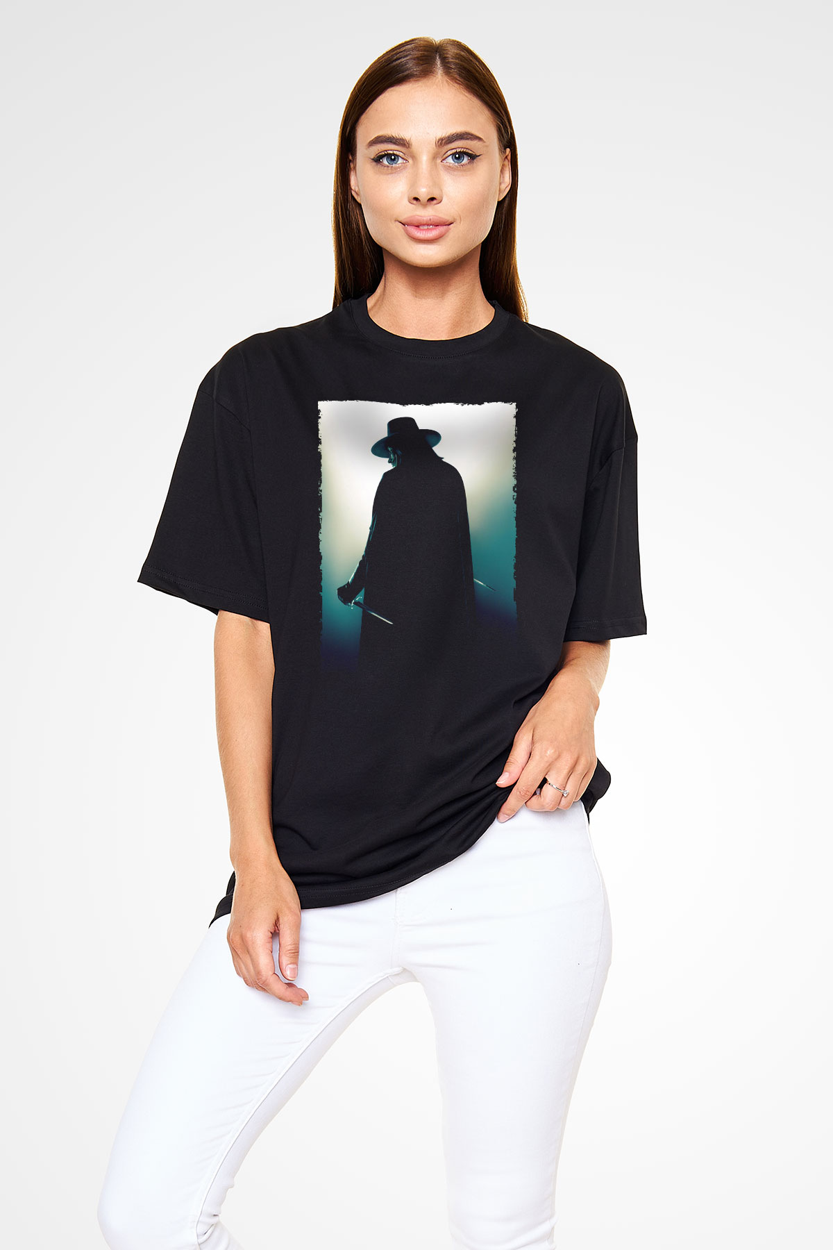 Unisex V for Vendetta Baskılı Siyah Oversize Tişört